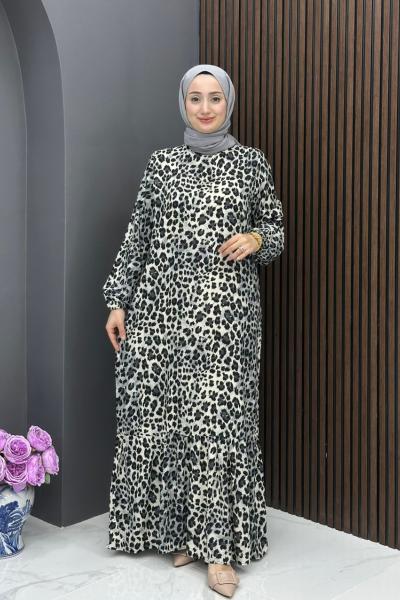 Leopar Desenli Elbise - Gri