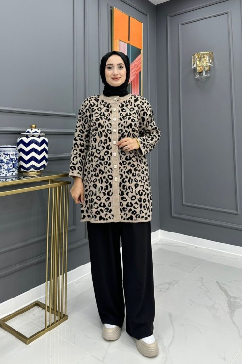 Leopar Desenli Hırka - Vizon 
