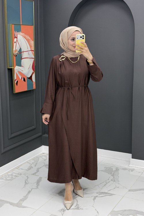 Dilşah Tokalı Elbise - kahve 