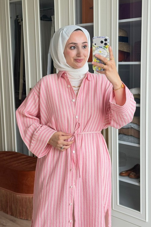 Çizgili Tunik Kap-Pembe