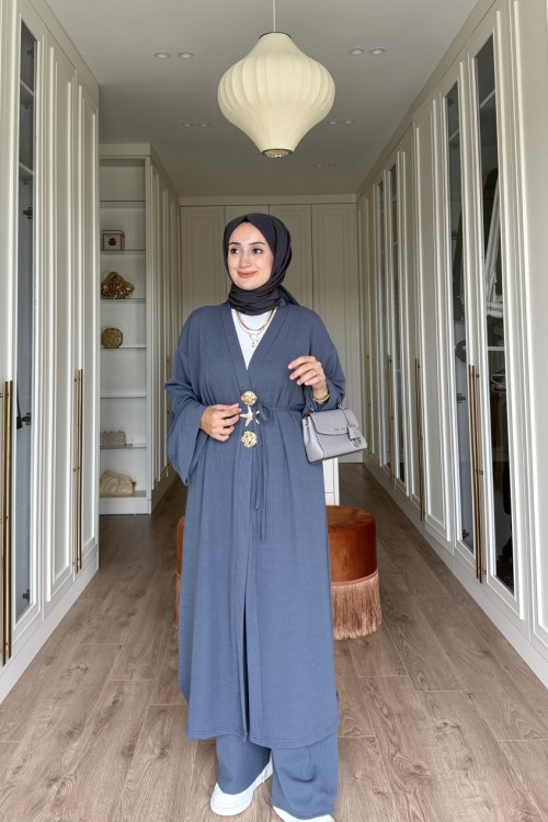 NEFİSE UZUN BROŞLU TAKIM -  GRİ