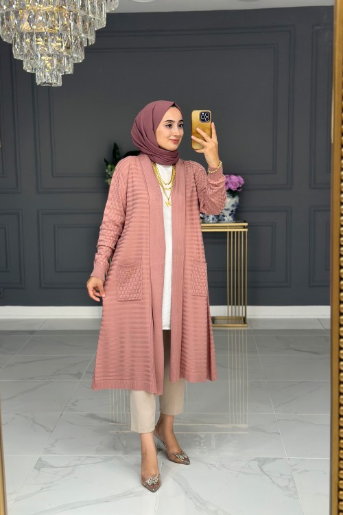 Nefes Uzun Triko Hırka - Gül